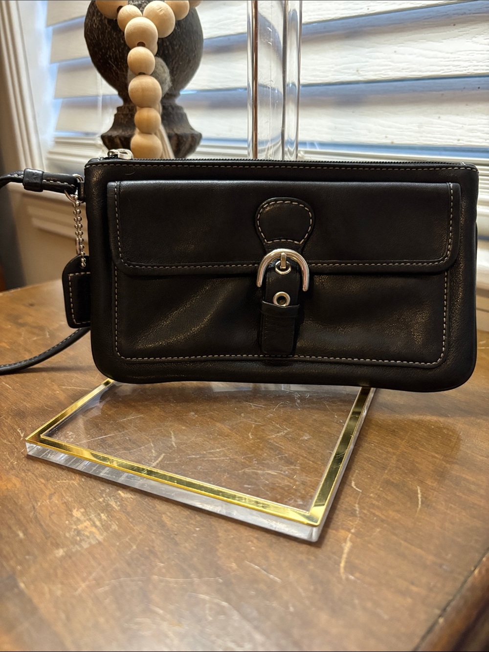 Coach Black Leather Wristlet Wallet with Silver Hardware